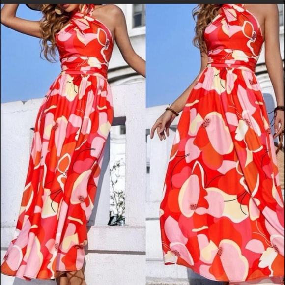 Boho Plus Size Red Floral Print Tie Back Halter Maxi Dress - Picture 3 of 14